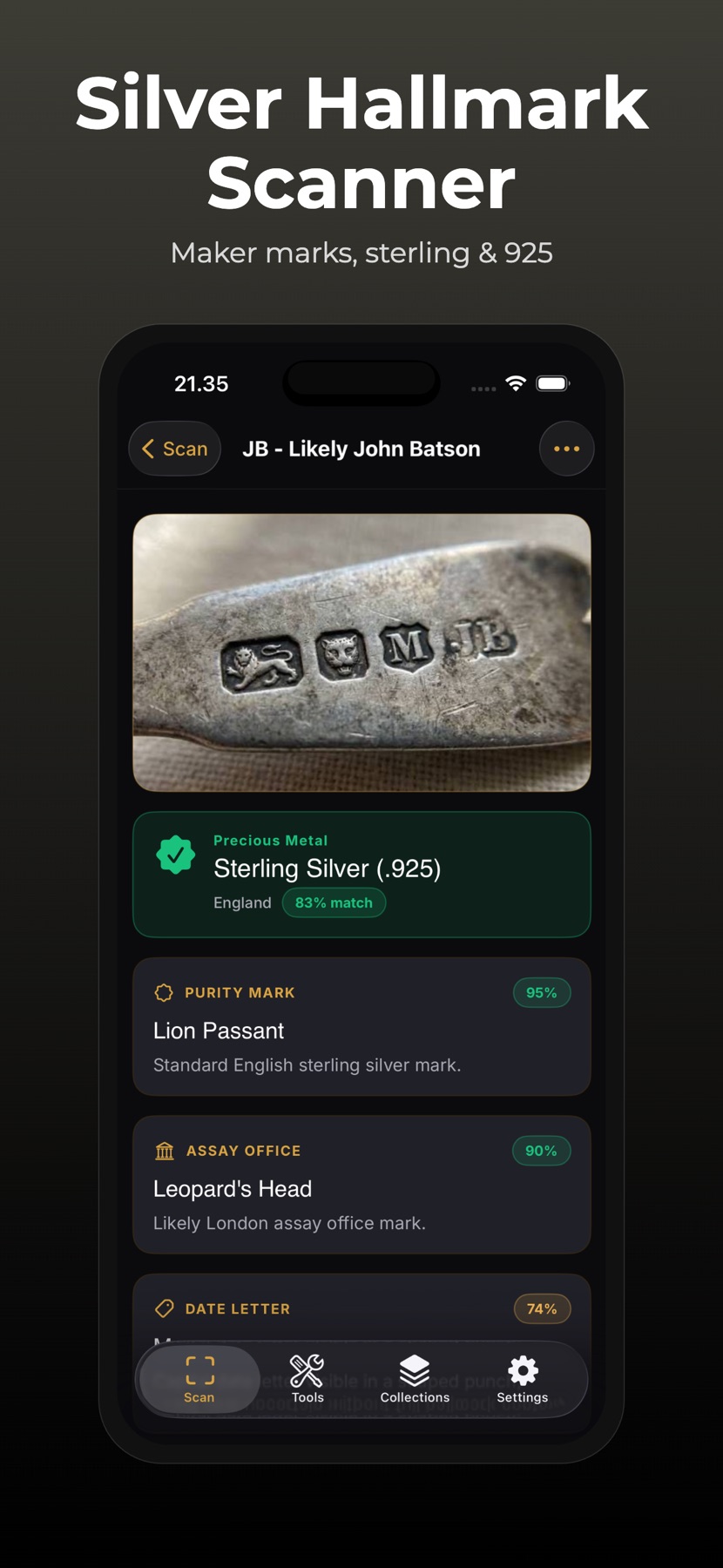 Silver Hallmark Identifier scan result showing a sterling-silver hallmark analysis